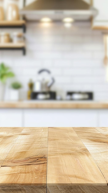 Wood table top on blur kitchen counter background