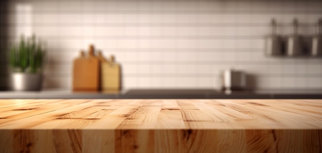 Wood table top on blur kitchen counter background