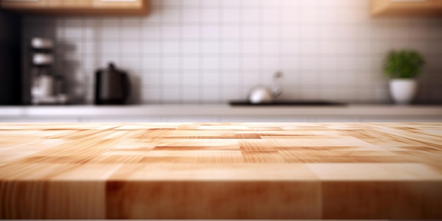 Wood table top on blur kitchen counter background