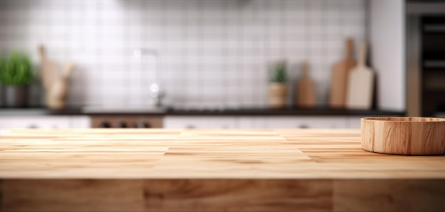 Wood table top on blur kitchen counter background