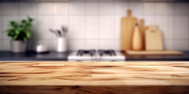 Wood table top on blur kitchen counter background