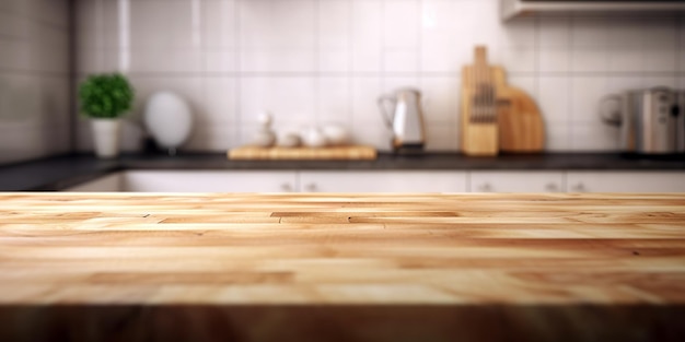 Wood table top on blur kitchen counter background