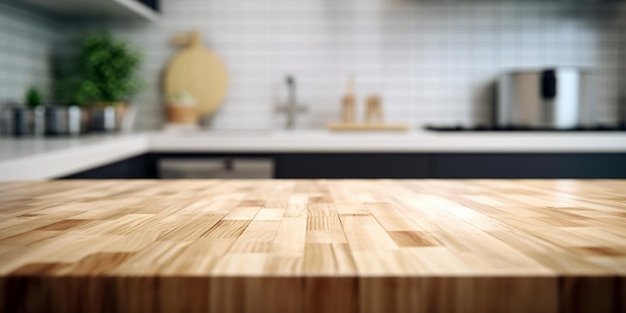 Wood table top on blur kitchen counter background