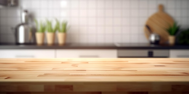 Wood table top on blur kitchen counter background