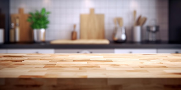 Wood table top on blur kitchen counter background