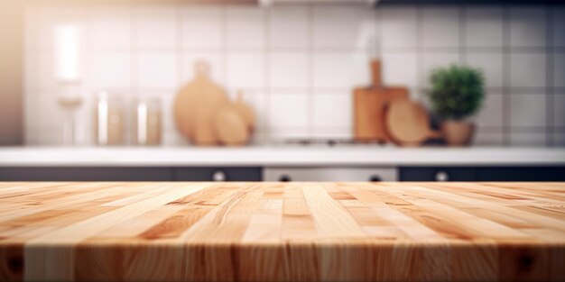 Wood table top on blur kitchen counter background