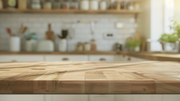 Wood table top on blur kitchen counter roombackgroundFor montage product display or Generative AI