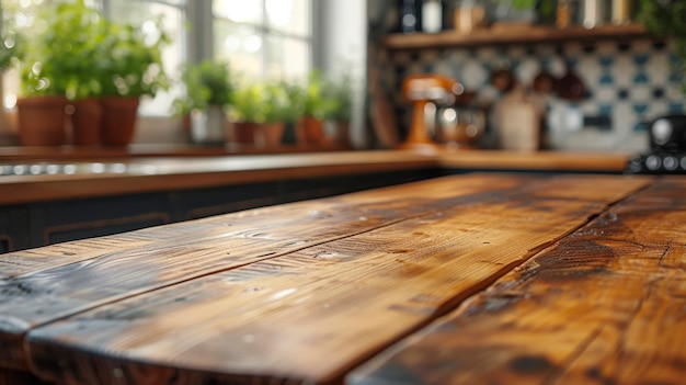 Wood table top on blur kitchen room background