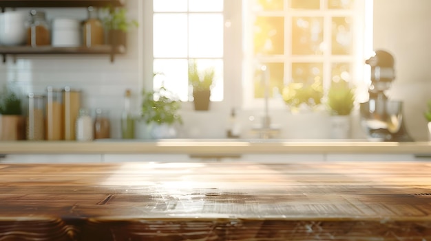 Wood table top on blur kitchen window background can be used for display or montage Generative AI