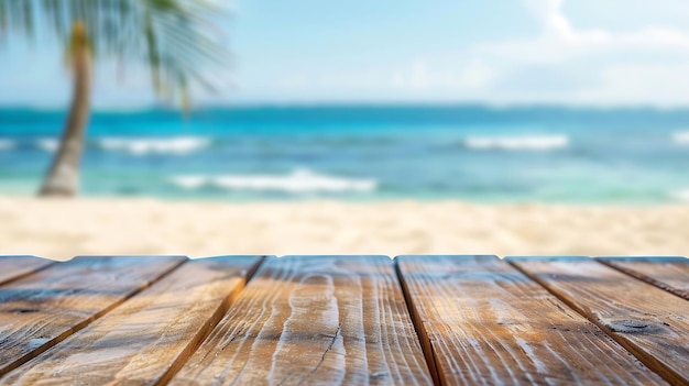 Wood table top on blurred blue sea and white sand beach background can be used for Generative AI