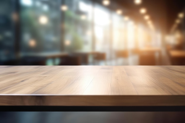 Wood table top and blurred bokeh office interior space AI generated