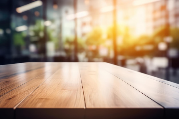 Wood table top and blurred bokeh office interior space