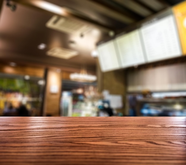 Wood table top on blurred coffee cafe vintage