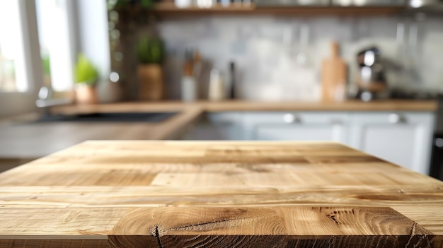 Wood table top on blurred kitchen background can be used mock up for montage product Generative AI