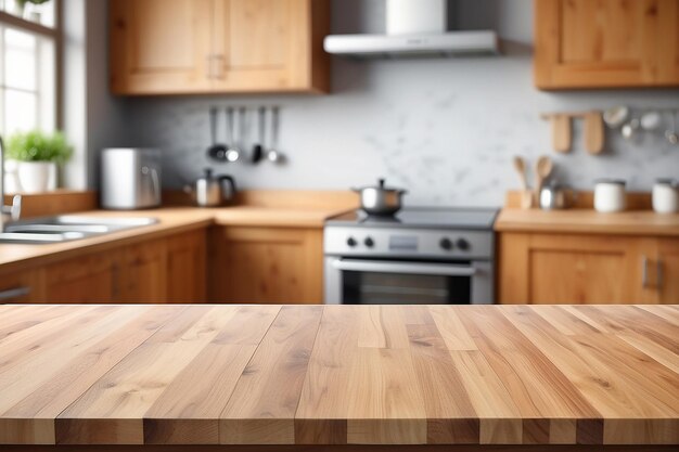 Wood table top on blurred kitchen background can be used mock up for montage products