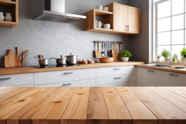 Wood table top on blurred kitchen background can be used mock up for montage products