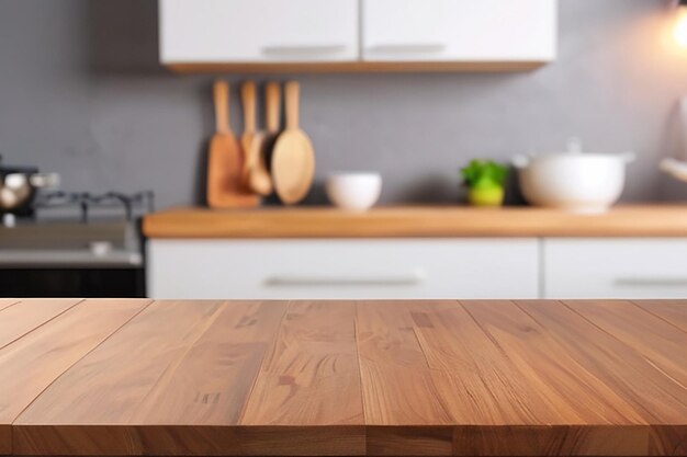 Wood table top on blurred kitchen background can be used mock up for montage products