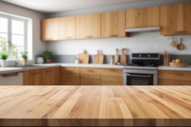 Wood table top on blurred kitchen background can be used mock up for montage products