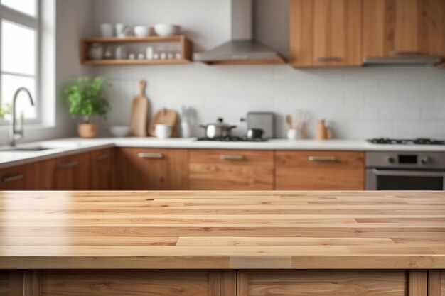 Wood table top on blurred kitchen background can be used mock up for montage products