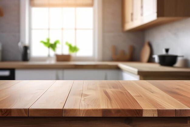 Wood table top on blurred kitchen background can be used mock up for montage products