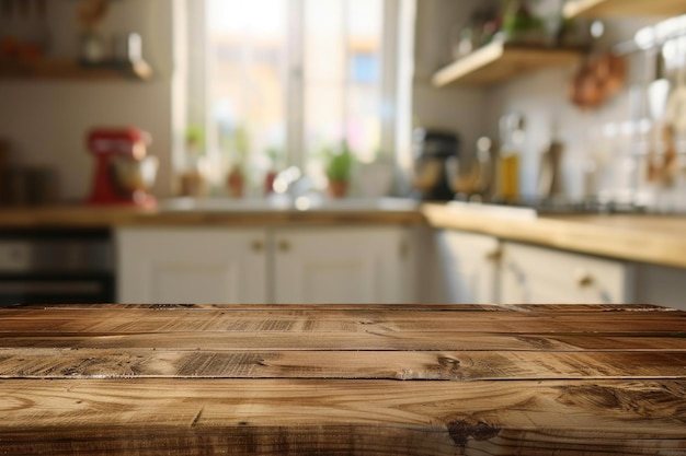 Wood table top on blurred kitchen counter background for product display