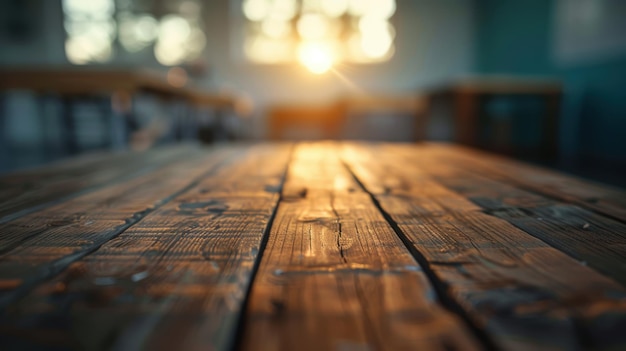 Wood table top outoffocus classroom warm lighting educational setting