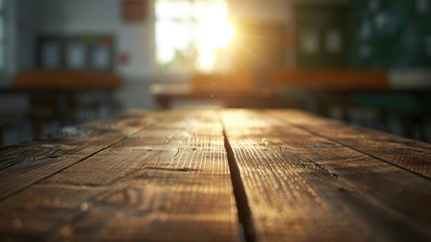 Wood table top outoffocus classroom warm lighting educational setting