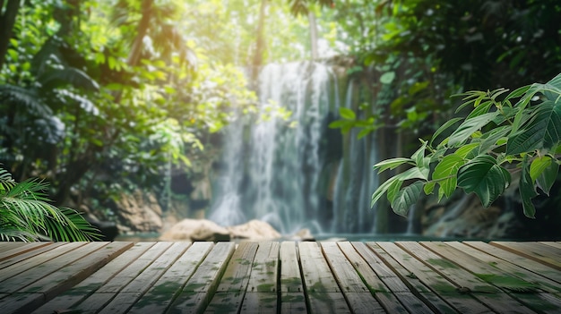 Wood table top podium floor in outdoor waterfall green tropical forest nature backgr Generative AI