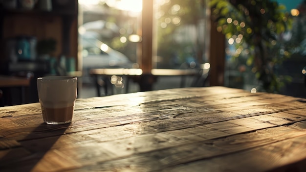 Wood table top softfocus coffee shop inviting warmth daylight