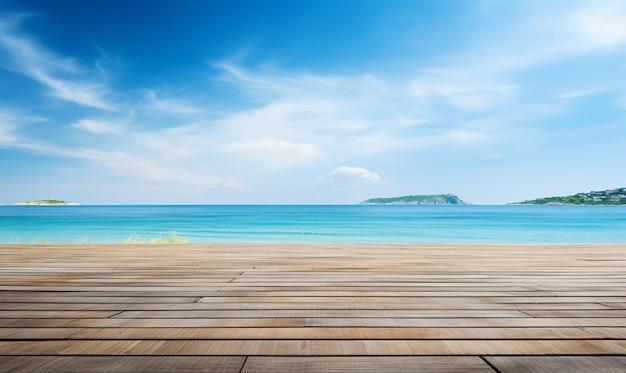 Wood table top over summer beach and blue sky