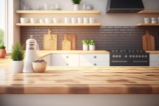 Wood table with blank copy space for a fake product display in a hazy modern kitchen background