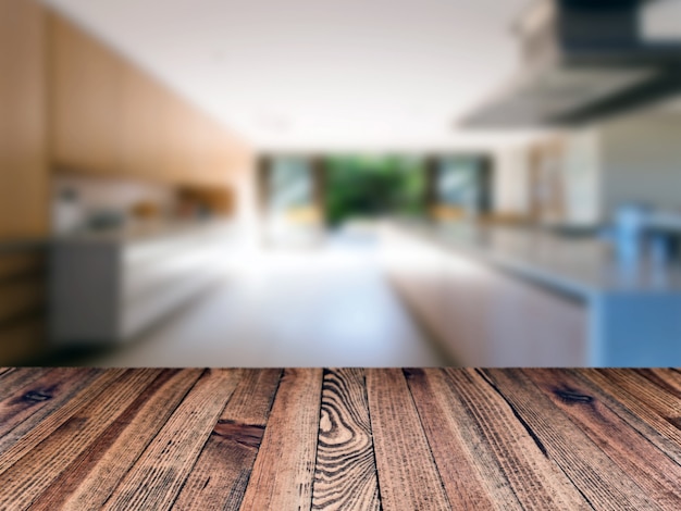 Wood table with blurred room