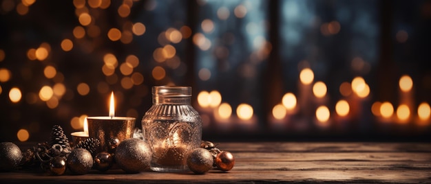 Wood table with blurry Christmas decorations background with copy space