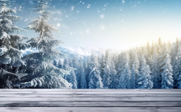 wood table with winter bokeh background