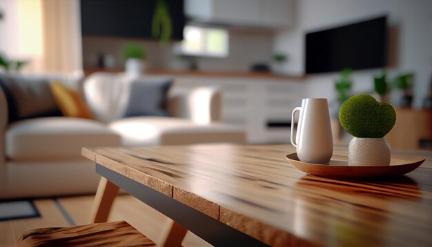 Wood tabletop blurred modern coxy living room Al generated