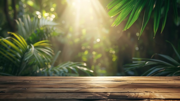 Wood tabletop counter podium floor in outdoors tropical garden forest blurred green Generative AI