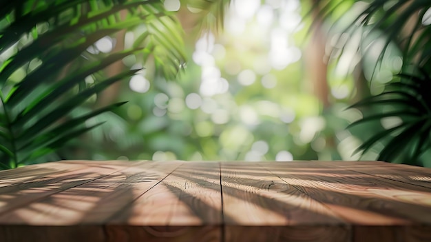 Wood tabletop counter podium floor in outdoors tropical garden forest blurred green Generative AI