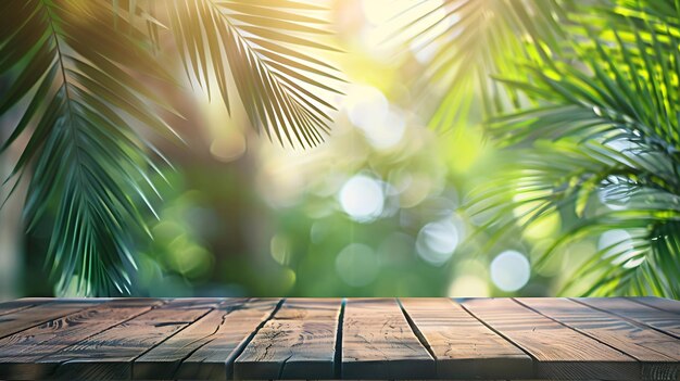 Wood tabletop counter podium floor in outdoors tropical garden forest blurred green Generative AI