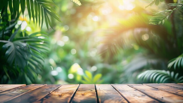 Wood tabletop podium floor in outdoors tropical garden forest blurred green leaf pla Generative AI