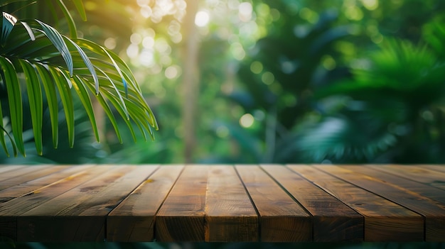 Wood tabletop podium floor in outdoors tropical garden forest blurred green leaf pla Generative AI