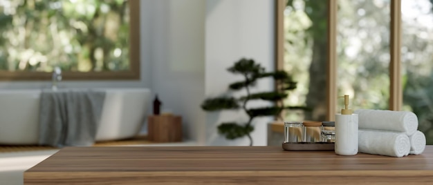 Wood tabletop with empty space over blurred modern bathroom with bathtub in background