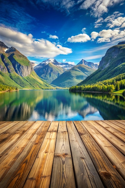 Wood Texture and Beautiful Summer Landscape Background with Norwegian Fjord Mountains and Blue Sky Image of wood texture of a boardwalk and beautiful summer