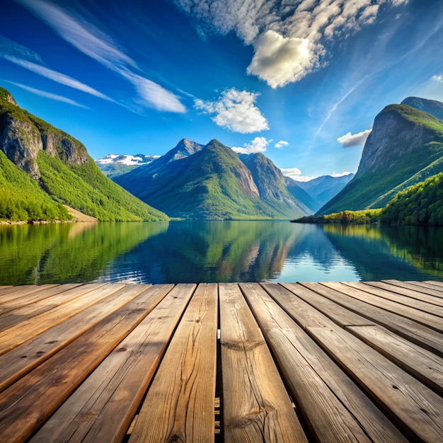 Wood Texture and Beautiful Summer Landscape Background with Norwegian Fjord Mountains and Blue Sky Image of wood texture of a boardwalk and beautiful summer