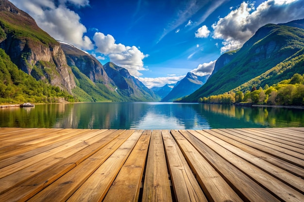 Wood Texture and Beautiful Summer Landscape Background with Norwegian Fjord Mountains and Blue Sky Image of wood texture of a boardwalk and beautiful summer