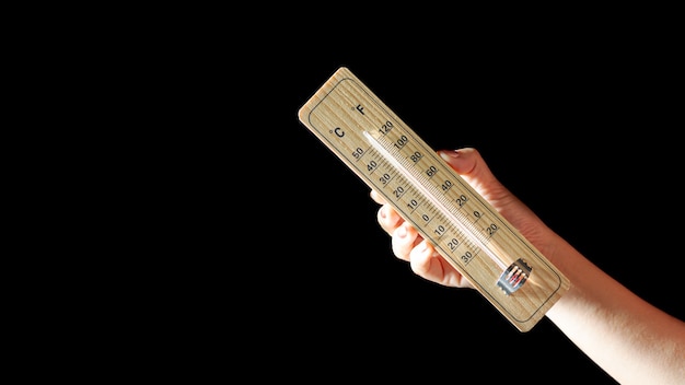 Wood thermometer calibrated in degrees celsius and fahrenheit in hand. - concept of global warming and weather.