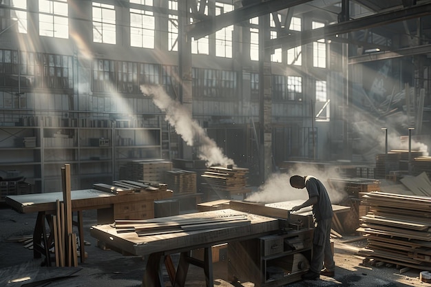 a wood worker cuts boards on a table saw in a large and dark abandoned factory