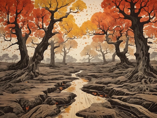 Woodblock printing mokuhanga Autumn old tree line from gnarly and caved trees age of Methuselah