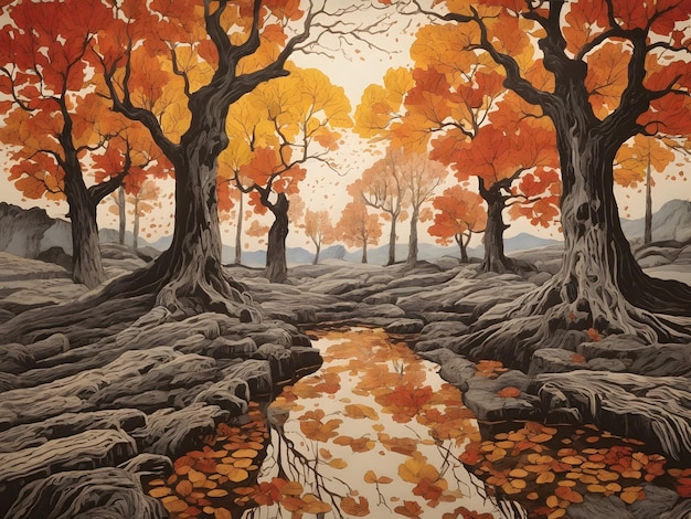 Woodblock printing mokuhanga Autumn old tree line from gnarly and caved trees age of Methuselah