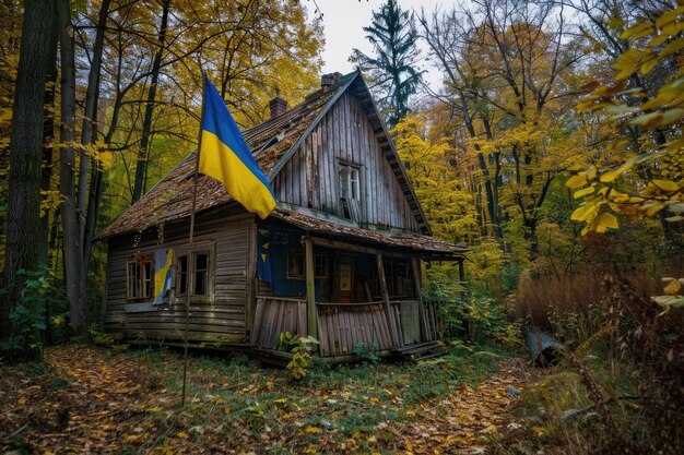 Wooden abandoned house with Ukrainian flag in the Carpathian forest