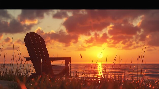 Photo a wooden adirondack chair sits on a beach overlooking a calm sea the sky is a vibrant orange and yellow and the sun is just setting